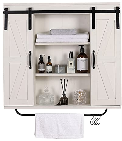 RUSTOWN Rustic Wood Wall Storage Cabinet with Two Sliding Barn Door, 3-Tier Decorative Farmhouse Vintage Cabinet for Kitchen Dining, Bathroom, Living Room, Vintage White