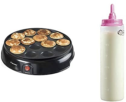 Bestron Poffertjes Maker, inkl. Teigportionierer für 700ml mit Skala, Ideal zum Befüllen des Poffertjes-Geräts, Farbe Gerät: Schwarz, Teigflasche: Weiß