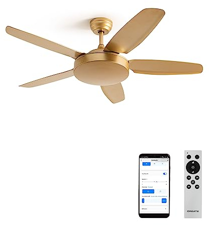CREATE / WINDFLAT/Ventilador de techo oro con wifi y mando/Función verano-invierno, motor DC, 6 velocidades, temporizador 1 a 4h, 3 temperaturas de luz, 2 alturas, 40W, Ø132 cm