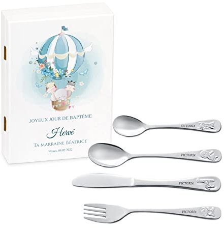 Maverton Set de couverts personnalisé pour garçon - Coutellerie dans coffret imprimé - Couverts Thème Animal - Cadeau d'anniversaire - Cadeaux bébé - Couverts gravés - AÉROSTAT