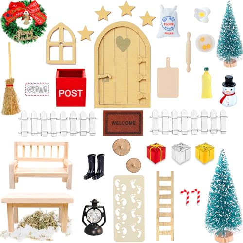 52 Pcs Wichteltür Zubehör Weihnachten, Weihnachtswichtel Tür Set, Miniatur Elfentür Wichtelhaus Weihnachtsdeko, Wichteltür Komplettset mit Schneemann Weihnachtsbaum Kranz Wichtel Zubehör Baustelle