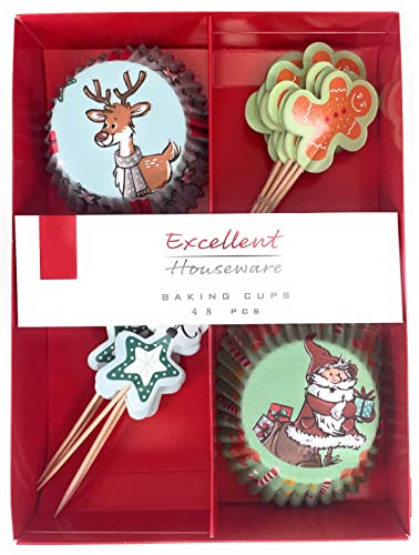 48-teiliges Muffin Cupcake Deko Back Set Weihnachten, X-Mas Motive Rentier, Nikolaus, Lebkuchenmann, Stern (Design 1)