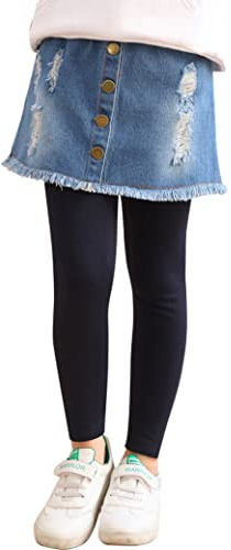 Kiench Mädchen Leggings mit Jeans-Rock mit Tasche Lang Stretch-Hosen