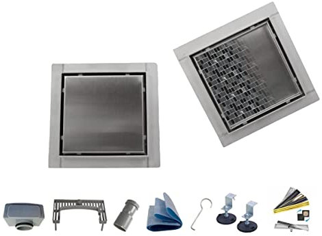 AQUA HEATING Quadratischer Edelstahl-Bodenablauf superflach Komplettset Badezimmer mit bodengleicher Dusche, Duschrinne Ablaufgarnitur-Set, Duschablauf mit Siphon Doppelseitiger Rost 15x15cm silber