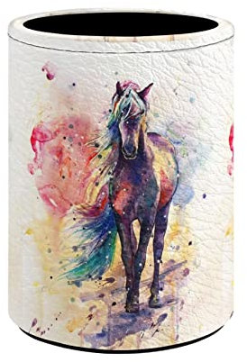 chaqlin Watercolor Horse Pen Holder for Desk Cute PU Leather Make up Brush Holder,Animal Art Horse Pencil Desk Organizer Womens Girls Office Stationery Pen Cup Pot