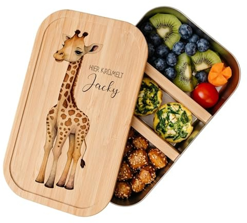 Manufaktur Liebevoll | Brotdose mit Namen für Kinder aus Edelstahl u. Bambus | Personalisiertes Geschenk u.nachhaltige Geschenkidee für Mädchen u. Jungen | Lunchbox (Motiv Giraffe 2)