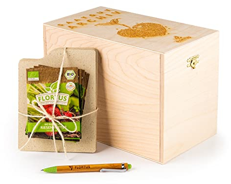 FLORTUS Saatgut Archiv Grillgemüse | Samen Set Geschenkbox Holzkiste (10 Sorten) | Geschenkset Aufbewahrungsbox mit Deckel | BIO Gemüsesamen