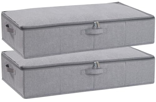 YheenLf 2 Stück Unterbett Aufbewahrungsbox, Faltbare Aufbewahrungsboxen mit Verstärktem Griff und Reißverschluss für Bettdecken Decken Kleidung, Grau, 80x40x15cm