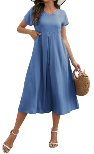 Sommerkleid Damen Leinenkleid V-Ausschnitt Leinen Kleider Große Größen Strandkleid Sommer Casual Freizeitkleid Kurzarm A-Linie Kleid mit Taschen (Blau, 3XL)