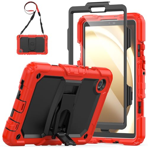SEYMAC Funda para Samsung Galaxy Tab A9 8.7 2023, Funda para Samsung Tab A9 a Prueba de Golpes con Protector de Pantalla/Soporte Plegable/Correa para el Hombro, Funda para Galaxy Tab A9, Rojo