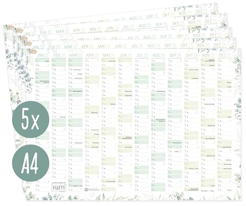 Häfft® 5 x Wandkalender 2025 A4 quer Blattgold + Jahresübersicht 2026 auf der Rückseite -Tafelkalender, Jahresplaner, Jahreskalender, Tischkalender mit Feiertagen - nachhaltig & klimafreundlich