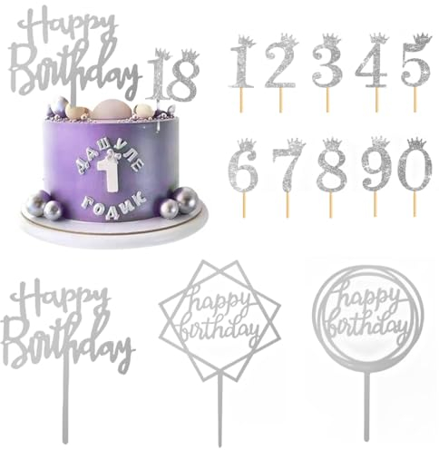 Nayyana 13-teiliges Tortenaufsatz-Set, Silber Kuchendekorationen, Acryl-Kuchenaufsatz, Silber Zahlen 0–9, Kronen-Kuchenaufsatz, Kucheneinsatz, Aufsätze für Geburtstagskuchen (silber)