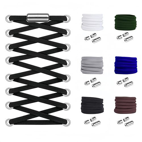 Widamin 6 Paar Flache Elastische Schnürsenkel mit Metallkapsel, Faule Schnürsenkel Ohne Binden, Kinder und ältere Menschen, Schwarz, Weiß, Braun, Blau und Militärgrün