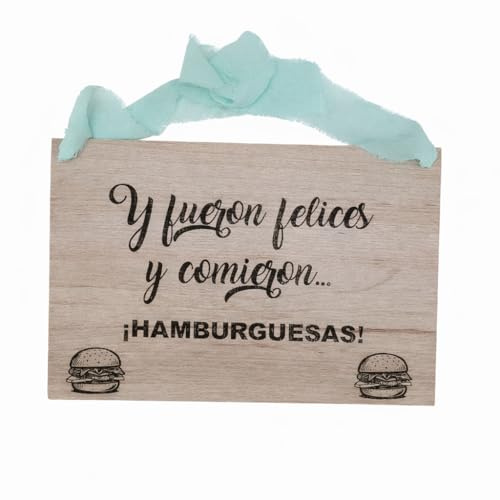 Genérico Cartel para Pajes de Boda en Madera Grabada | “Y fueron Felices y comieron… Hamburguesas” | Cartel Divertido Boda | Hecho a Mano