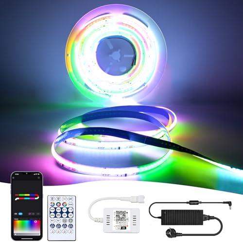 INDARUN Cob Led Strip Alexa 10m, Wlan RGB+IC led cob Streifen Lichtband led Selbstklebend mit Fernbedienung 24V, 576 Leds/M, Lichtleiste COB LED Kompatibel mit Alexa Google Home