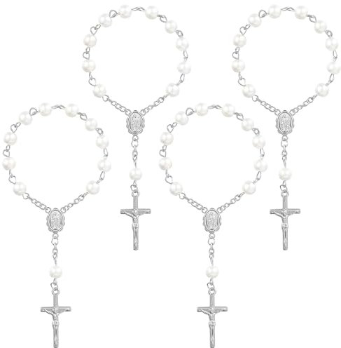 Auto-Rosenkranz Für Rückspiegel,4 Stück Rosenkranz Auto,Mit Kruzifix In Silber,Vintage Kreuz Rosenkranz Anhänger,Für Autofahrer Geschenk,Auto-Hängezubehör