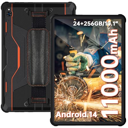 OUKITEL RT9 Outdoor Tablet - 24GB(6+18GB) RAM+256GB ROM(1TB TF) 11000mAh Akku, Android 14 Rugged Tablet PC 10.1 Zoll Octa Core Wasserdicht Tablet, Dual SIM 4G LTE/5G WiFi/Face ID/OTG/GPS - Orange
