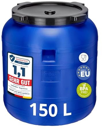 Garronda 150 Liter Weithalsfass BPA-frei Futtertonne Fass Universalfass Lebensmittel Fass Regenfass für Garten Regentonne mit Deckel Regenwassertonne für Garten Wassertonne GD-0093, Blau