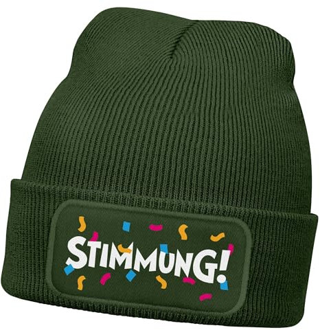 MoonWorks® Damen Beanie mit Patch Strickmütze mit Spruch Stimmung Karneval Fasching Party Outfit Aufdruck Lustig Damenmütze Oliv Unisize