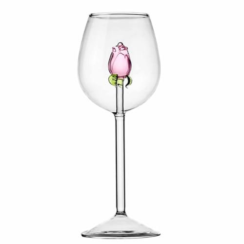 Creative Crystal Rose Glass, Drinking Goblet with Rose Inside, Stemmed Fancy Wine Glasses, Romantic Glassware Unique Flower Cocktail Cup for Gifts & Special Occasions for Wedding, Birthday(300ml)