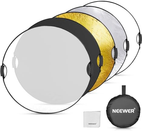 NEEWER 32/80cm Lichtreflektor, 5 in 1 Faltbarer Multi Disc Fotografie Licht Diffusor Transluzent/Silber/Gold/Weiß/Schwarz mit Klemme/Griffe, 3/8 Gewinde/Reinigungstuch für Außenbeleuchtung, RF-80II