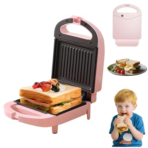 Personal Sandwich Maker, Household Multi-Functional Breakfast Griller, Nonstick Panini Press, Pizza Pockets, Quesadillas, Mint Green, Great for Travel Camping Barbecue (Pink)