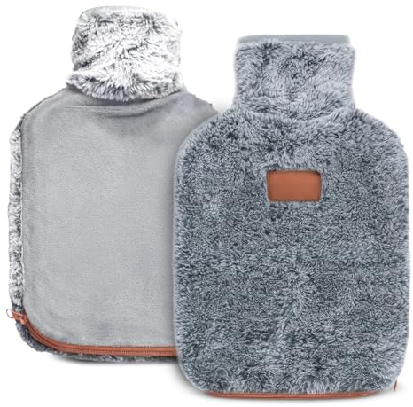 Flatro Hot Water Bottle with Cover UK | Pain Relief (2L) Hot Water Bottles for Adults with A Soft Fluffy Polyester Cover & 2 Side Zip Pockets for Period Pain Relief, Stomach Cramps, & Fatigue