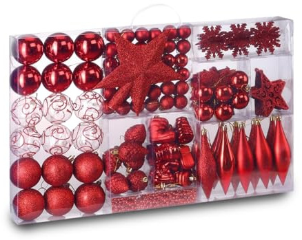 Wintem – Kit Addobbi Natalizi Rossi 102 Pezzi Infrangibili per Albero di Natale e Casa con Sfere, Stelle e Cuori, Facili da Appendere e Riporre, Perfette per Addobbi Coordinati e Sicuri