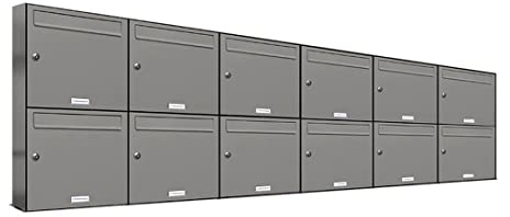 AL Briefkastensysteme 12er Briefkastenanlage Aluminiumgrau RAL 9007, Premium Briefkasten DIN A4, 12 Fach Postkasten modern Aufputz