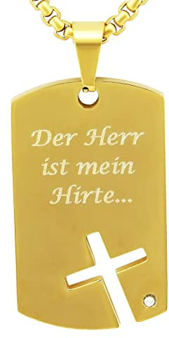 Hanessa Personalisierte Kette mit Gravur Edelstahl 60 cm mit Anhänger Dog Tag Kreuz in gold - Personalisierte Halskette für Männer und Frauen - Personalisierter Schmuck Damen Herren