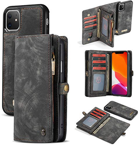 SWP Case for iPhone 11, Wallet Case w/Magnetic Detachable Cover [11 Card Slots] Clutch Wallet w/Wristlets Money Pocket Case Compatible with iPhone 11 6.1” 2019(black)