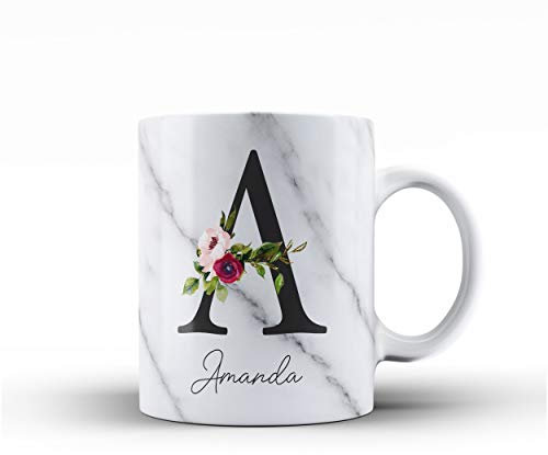 Personalised Floral Botanical Watercolour Monogram and Signature Ceramic Mug - 5c. Burgundy Blush Floral Letter on White Marble