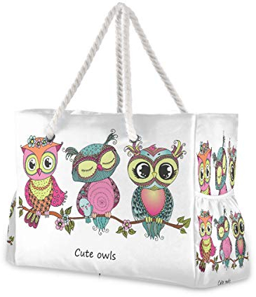 Mnsruu Strandtasche, XXL, niedliche Bunte Eulen, Schultertasche, Strandtasche, Baumwollseil-Griffe, Reisetasche für Damen