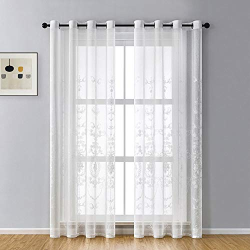 Lsimeru Vorhang Durchsichtig Weiß ösen mit Barock Blumen Muster Vintage Shabby Chic 175x140 2er Pack Gardinen Transparent Ösenvorhänge Ösenschal