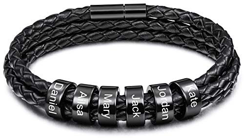 MeMeDIY Personalisierte Armbänder Gravur 2-6 Namen ID für Frauen Männer Echtes Leder Edelstahl Perlen Geflochtene Manschette Brautjungfer Geschenke Bester Freund (6 Schwarz perlen)