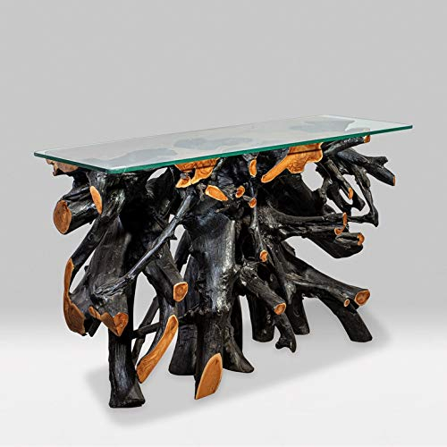 Rikmani Holztisch mit Glasplatte Vollholz handgefertigt Sideboard Black aus Teakholzwurzel mit Glasplatte | Vollholz