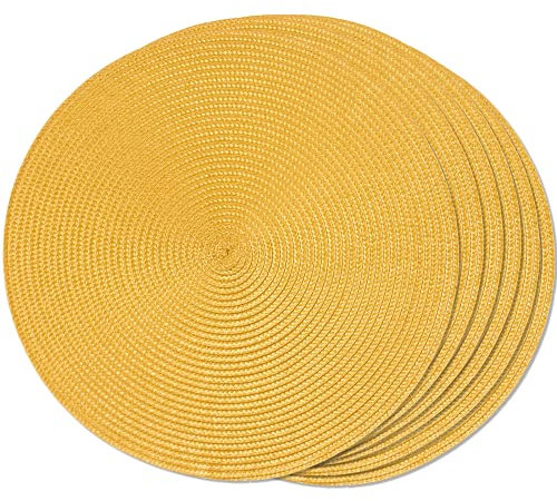 FunWheat Runde geflochtene Tischsets Set, Platzsets, Platzdeckchen, Tischuntersetzer mit 6 Tischsets für Esstische, gewebt, waschbar, rutschfest, 38,1 cm für Geburtstag, Hochzeit (gelb, 6 Stück)