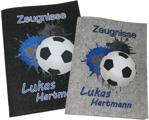 Zeugnismappe mit Namen - Mädchen und Jungen - Personalisiert Filz A4 Fussball Blau - Dokumenten Urkunden Mappe Kinder - Hefter Zeugnisse - Sichtbuch