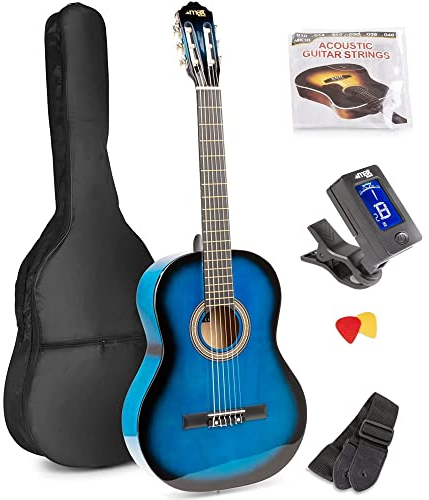 MAX SoloArt Guitarra clasica con cuerdas de nailon para Principiantes Adultos - guitarra flamenca con Funda, Afinador, Púa, Correa y Accesorios - Guitarra Española 4/4 en color azul