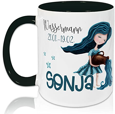 GRAZDesign Tasse Horoskop, Sternzeichen Wassermann mit Datum und Namen, personalisiert, Keramiktasse Innen Schwarz, Außen weiß (Wassermann)