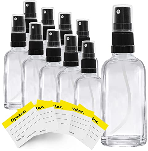 Oputec 10 x 30 ml Sprühflaschen aus Glas mit Zerstäuber + 10 Beschriftungs-Etiketten - Klarglasflaschen mit feinem Sprühkopf - Kleine Pumpspray-Flasche