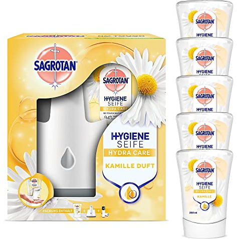 Sagrotan Set mit Sagrotan No-Touch Automatischer Seifenspender inkl. Nachfüller Lotusblüte und Kamillenöl (5 x 250 ml)