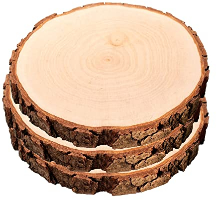 3er Set Baumscheiben aus echtem Holz mit Rinde, Runde Holzdeko Baumstamm Scheiben, Natürliche Holzscheiben zum Basteln, Schlichte Holzplatten als robuste Untersetzer
