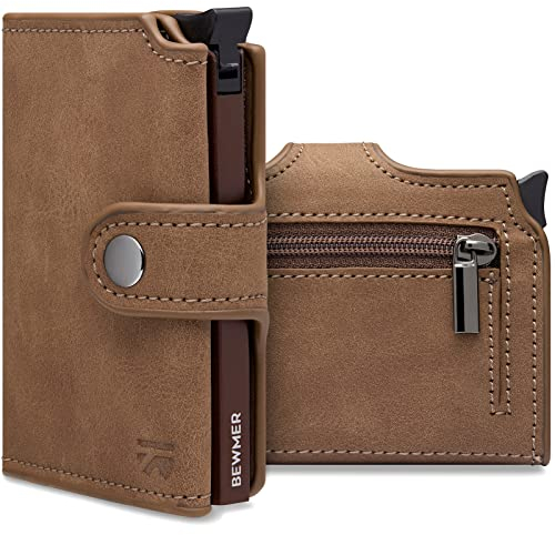 BEWMER v2 Portafoglio Uomo Slim In Similpelle Con Protezione RFID Anticlonazione – Porta Carte Di Credito Uomo E Donna Per 9 Tessere, Con Portamonete – Porta Tessere, Marrone Tortora