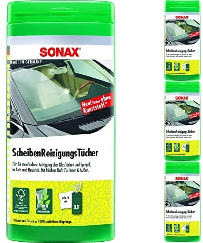 SONAX ScheibenReinigungsTücher Box (25 Stück) zur schnellen, einfachen und streifenfreien Reinigung von Allen Glas- und Spiegelflächen | Art-Nr. 04120000, 4er Packung