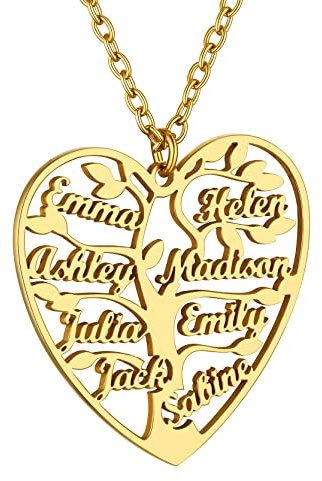GoldChic Collier Maman Je Taime 8 Prenom Personnalisé Pendentif Coeur Arbre de Vie Symétrique Noir Genealogique Grave Cadeau Fetes des Meres Acier Inoxydable Chaine Rolo 50 cm Reglable Copine Soeur