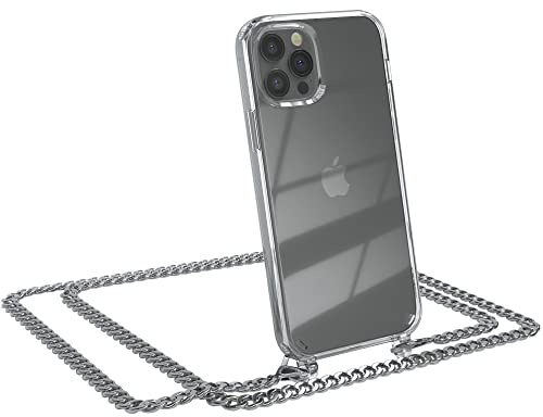 EAZY CASE Handykette kompatibel mit iPhone 12/12 Pro Handyhülle mit Metall Umhängeband und Ersatz Kordel schwarz, Handykordel mit Schutzhülle, Stylische Kette, Metall - Silber