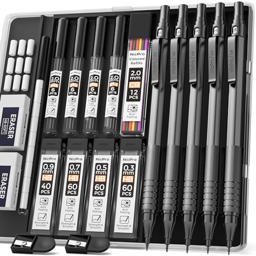 Nicpro 5 Stücke Druckbleistifte, Metall Zeichenstifte 0,3, 0,5, 0,7, 0,9, 2 mm Minenhalter (4B 2B HB 2H farbige Mine), Bleistifte Set zum Schreiben, Skizzieren, Zeichnen
