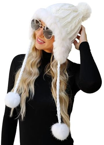 Clearlove Damen Winter Mütze Warme Strickmütze mit Weichem Innenfutter Gefütterte Strickmütze A-Weiß