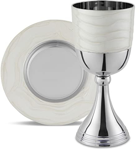 Zion Judaica - Lujoso juego de tazas Kidush en una caja de regalo, esmalte blanco chapado en níquel pulido, elegante copa de vino de 5.75 pulgadas con bandeja a juego, impresionante decoración para